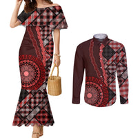 New Zealand Aotearoa Couples Matching Mermaid Dress and Long Sleeve Button Shirt Maori Harakeke Weaving Pattern Red LT05 Red - Polynesian Pride