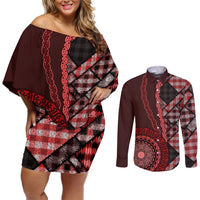 New Zealand Aotearoa Couples Matching Off Shoulder Short Dress and Long Sleeve Button Shirt Maori Harakeke Weaving Pattern Red LT05 Red - Polynesian Pride