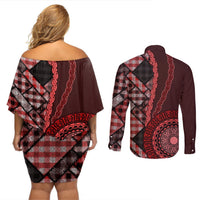 New Zealand Aotearoa Couples Matching Off Shoulder Short Dress and Long Sleeve Button Shirt Maori Harakeke Weaving Pattern Red LT05 - Polynesian Pride