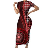New Zealand Aotearoa Short Sleeve Bodycon Dress Maori Harakeke Weaving Pattern Red LT05 Long Dress Red - Polynesian Pride