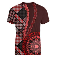 New Zealand Aotearoa Women V Neck T Shirt Maori Harakeke Weaving Pattern Red LT05 - Polynesian Pride