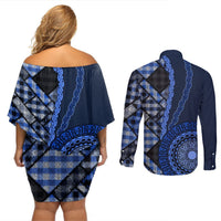 New Zealand Aotearoa Couples Matching Off Shoulder Short Dress and Long Sleeve Button Shirt Maori Harakeke Weaving Pattern Blue LT05 - Polynesian Pride
