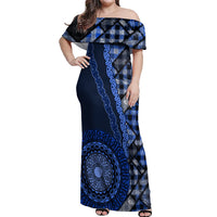 New Zealand Aotearoa Off Shoulder Maxi Dress Maori Harakeke Weaving Pattern Blue LT05 Women Blue - Polynesian Pride