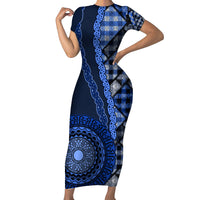 New Zealand Aotearoa Short Sleeve Bodycon Dress Maori Harakeke Weaving Pattern Blue LT05 Long Dress Blue - Polynesian Pride