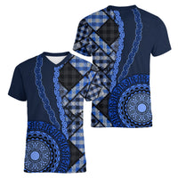 New Zealand Aotearoa Women V Neck T Shirt Maori Harakeke Weaving Pattern Blue LT05 - Polynesian Pride