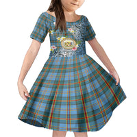 Personalised Hawaii State Family Matching Short Sleeve Bodycon Dress and Hawaiian Shirt Tropical Flowers With Tartan Pattern LT05 Daughter's Dress Blue - Polynesian Pride