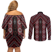 New Zealand Aotearoa Couples Matching Off Shoulder Short Dress and Long Sleeve Button Shirt Red Poutama With Taniko Pattern LT05 - Polynesian Pride