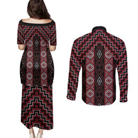 New Zealand Aotearoa Couples Matching Puletasi and Long Sleeve Button Shirt Red Poutama With Taniko Pattern LT05 - Polynesian Pride