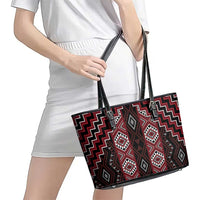 New Zealand Aotearoa Leather Tote Bag Red Poutama With Taniko Pattern LT05 - Polynesian Pride