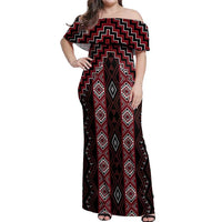 New Zealand Aotearoa Off Shoulder Maxi Dress Red Poutama With Taniko Pattern LT05 Women Red - Polynesian Pride