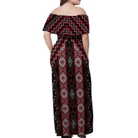 New Zealand Aotearoa Off Shoulder Maxi Dress Red Poutama With Taniko Pattern LT05 - Polynesian Pride