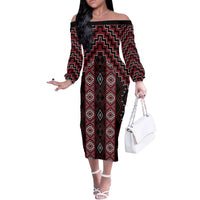New Zealand Aotearoa Off The Shoulder Long Sleeve Dress Red Poutama With Taniko Pattern LT05 Women Red - Polynesian Pride