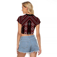 New Zealand Aotearoa Raglan Cropped T Shirt Red Poutama With Taniko Pattern LT05 - Polynesian Pride