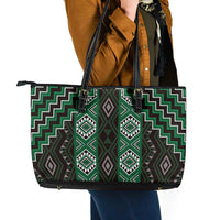 New Zealand Aotearoa Leather Tote Bag Green Poutama With Taniko Pattern LT05 - Polynesian Pride