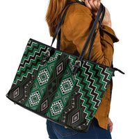 New Zealand Aotearoa Leather Tote Bag Green Poutama With Taniko Pattern LT05 - Polynesian Pride
