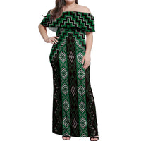 New Zealand Aotearoa Off Shoulder Maxi Dress Green Poutama With Taniko Pattern LT05 Women Green - Polynesian Pride