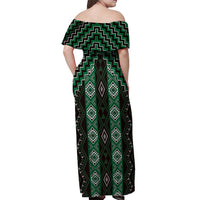 New Zealand Aotearoa Off Shoulder Maxi Dress Green Poutama With Taniko Pattern LT05 - Polynesian Pride