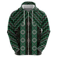 New Zealand Aotearoa Zip Hoodie Green Poutama With Taniko Pattern LT05