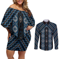 New Zealand Aotearoa Couples Matching Off Shoulder Short Dress and Long Sleeve Button Shirt Blue Poutama With Taniko Pattern LT05 Blue - Polynesian Pride