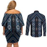 New Zealand Aotearoa Couples Matching Off Shoulder Short Dress and Long Sleeve Button Shirt Blue Poutama With Taniko Pattern LT05 - Polynesian Pride