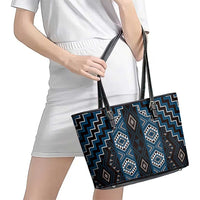New Zealand Aotearoa Leather Tote Bag Blue Poutama With Taniko Pattern LT05 - Polynesian Pride
