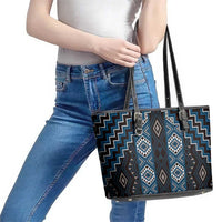 New Zealand Aotearoa Leather Tote Bag Blue Poutama With Taniko Pattern LT05 - Polynesian Pride