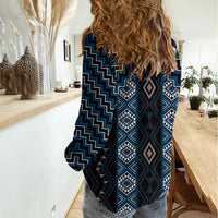 New Zealand Aotearoa Women Casual Shirt Blue Poutama With Taniko Pattern LT05