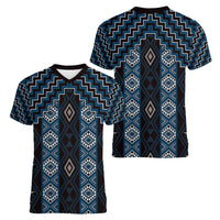 New Zealand Aotearoa Women V-Neck T-Shirt Blue Poutama With Taniko Pattern LT05 - Polynesian Pride