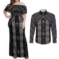 New Zealand Aotearoa Couples Matching Off Shoulder Maxi Dress and Long Sleeve Button Shirt Black Poutama With Taniko Pattern LT05 Black - Polynesian Pride