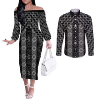 New Zealand Aotearoa Couples Matching Off The Shoulder Long Sleeve Dress and Long Sleeve Button Shirt Black Poutama With Taniko Pattern LT05 Black - Polynesian Pride