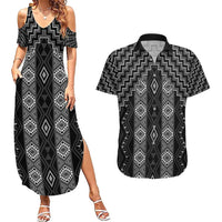 New Zealand Aotearoa Couples Matching Summer Maxi Dress and Hawaiian Shirt Black Poutama With Taniko Pattern LT05 Black - Polynesian Pride