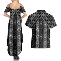 New Zealand Aotearoa Couples Matching Summer Maxi Dress and Hawaiian Shirt Black Poutama With Taniko Pattern LT05 - Polynesian Pride