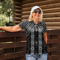 New Zealand Aotearoa Women Polo Shirt Black Poutama With Taniko Pattern LT05