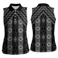 New Zealand Aotearoa Women Sleeveless Polo Shirt Black Poutama With Taniko Pattern LT05 - Polynesian Pride