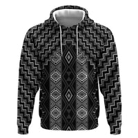 New Zealand Aotearoa Zip Hoodie Black Poutama With Taniko Pattern LT05