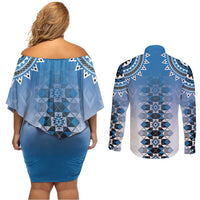 New Zealand Couples Matching Off Shoulder Short Dress and Long Sleeve Button Shirt Poutama Mix Blue Taniko Inspired Art LT05