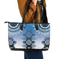 New Zealand Leather Tote Bag Poutama Mix Blue Taniko Inspired Art LT05 - Polynesian Pride