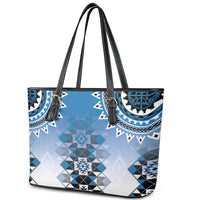 New Zealand Leather Tote Bag Poutama Mix Blue Taniko Inspired Art LT05 - Polynesian Pride