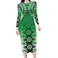 New Zealand Family Matching Long Sleeve Bodycon Dress and Hawaiian Shirt Poutama Mix Green Taniko Inspired Art LT05