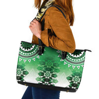 New Zealand Leather Tote Bag Poutama Mix Green Taniko Inspired Art LT05 Green - Polynesian Pride