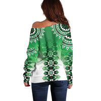 New Zealand Off Shoulder Sweater Poutama Mix Green Taniko Inspired Art LT05