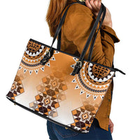 New Zealand Leather Tote Bag Poutama Mix Orange Taniko Inspired Art LT05 - Polynesian Pride