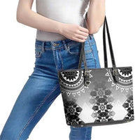 New Zealand Leather Tote Bag Poutama Mix Gray Taniko Inspired Art LT05 - Polynesian Pride