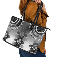 New Zealand Leather Tote Bag Poutama Mix Gray Taniko Inspired Art LT05 - Polynesian Pride