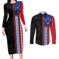 Samoa Flag Couples Matching Long Sleeve Bodycon Dress and Long Sleeve Button Shirt Ula Fala With Samoan Siapo LT05 Black - Polynesian Pride