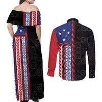 Samoa Flag Couples Matching Off Shoulder Maxi Dress and Long Sleeve Button Shirt Ula Fala With Samoan Siapo LT05 - Polynesian Pride