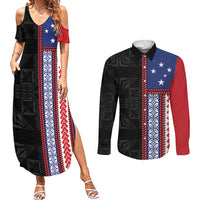 Samoa Flag Couples Matching Summer Maxi Dress and Long Sleeve Button Shirt Ula Fala With Samoan Siapo LT05 Black - Polynesian Pride