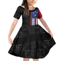 Samoa Flag Family Matching Off Shoulder Short Dress and Hawaiian Shirt Ula Fala With Samoan Siapo LT05 Daughter's Dress Black - Polynesian Pride