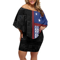 Samoa Flag Off Shoulder Short Dress Ula Fala With Samoan Siapo LT05 Women Black - Polynesian Pride