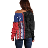 Samoa Flag Off Shoulder Sweater Ula Fala With Samoan Siapo - Polynesian Pride